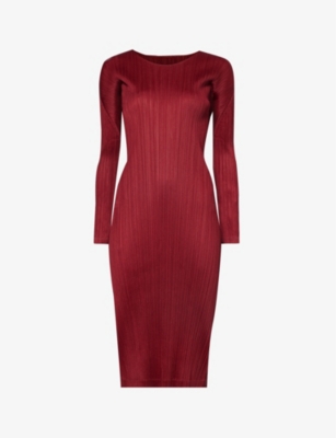 Issey Miyake Pleats Please  Womens Carmine November Pleated Knitted Midi Dress