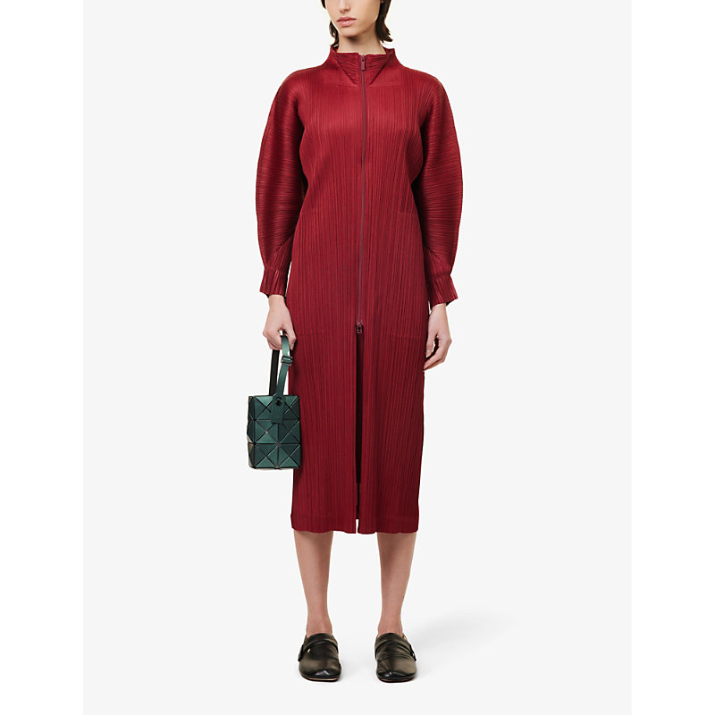Shop Issey Miyake November Pleated Knitted Coat In Carmine