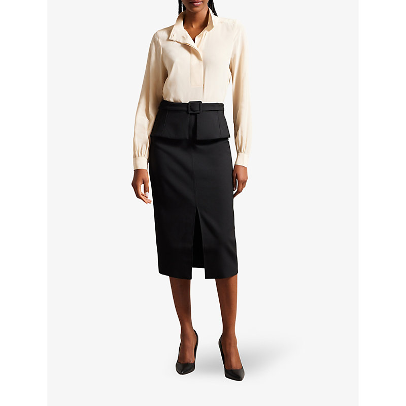Shop Ted Baker Womens Black Floreei Peplum-waist Stretch-woven Midi Skirt