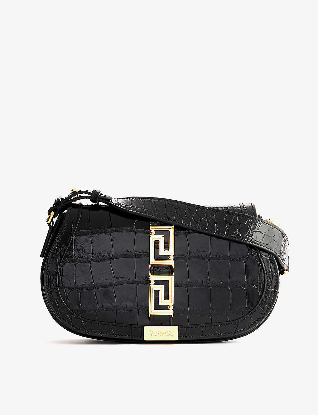 Versace Womens Black Greca Goddess Medium Croc-embossed Leather Shoulder Bag