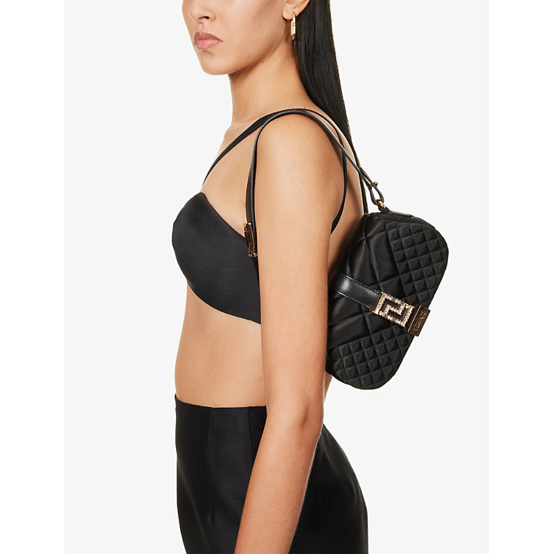 Shop Versace Greca Goddess Mini Woven Shoulder Bag In Black