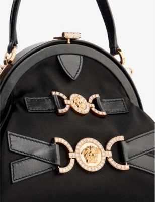 Shop Versace Black Crystal-embellished Hardware Satin Top-handle Bag