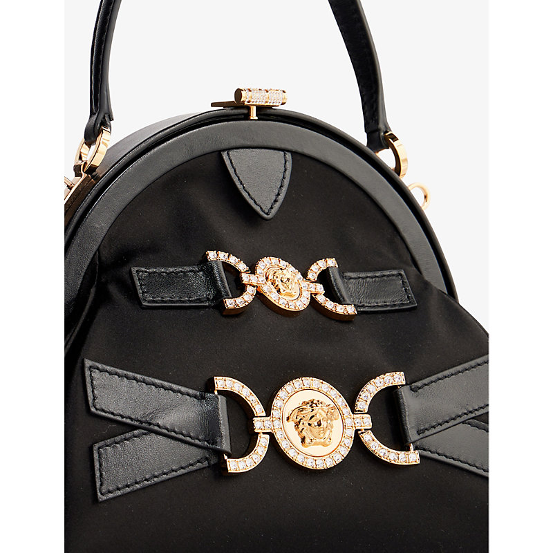 Shop Versace Black Crystal-embellished Hardware Satin Top-handle Bag