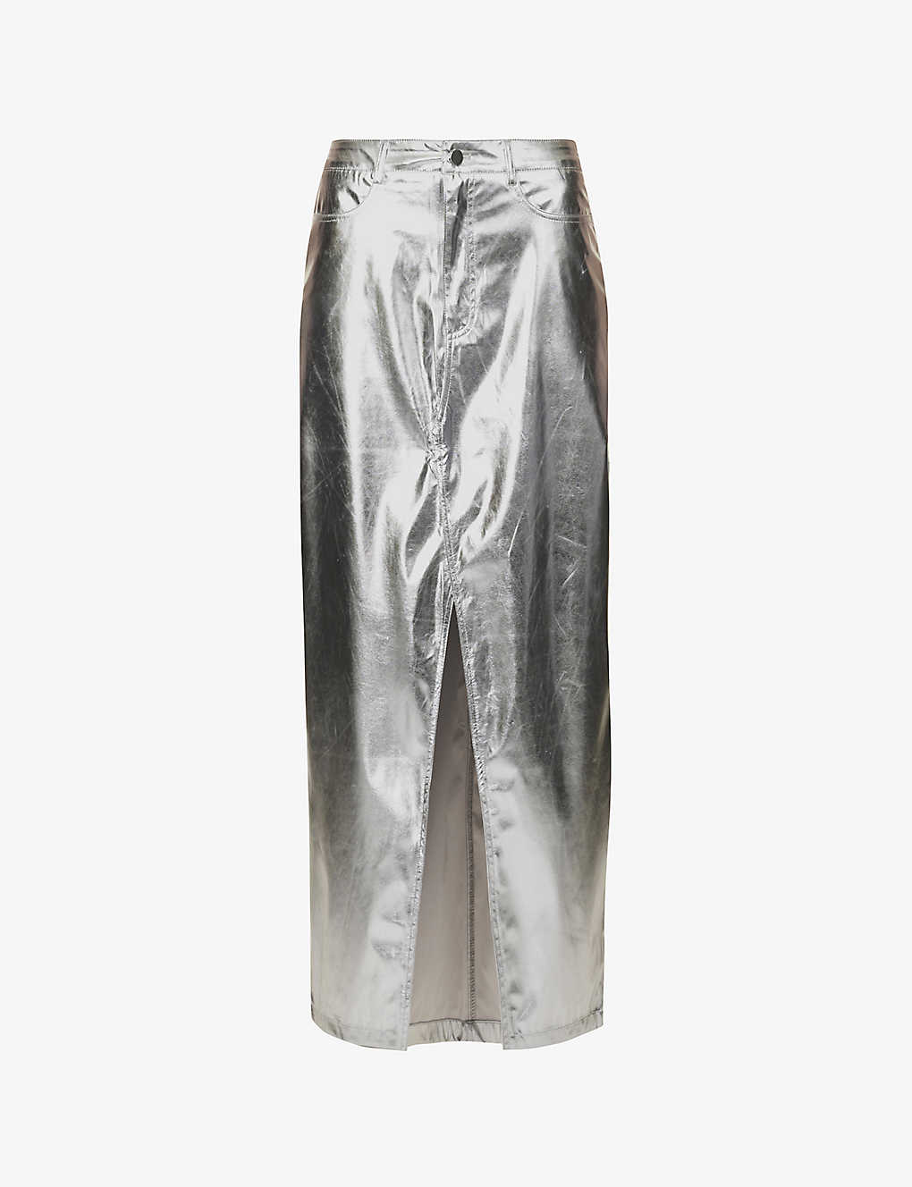 AMY LYNN AMY LYNN WOMEN'S SILVER LUPE FRONT-SLIT FAUX-LEATHER MAXI SKIRT