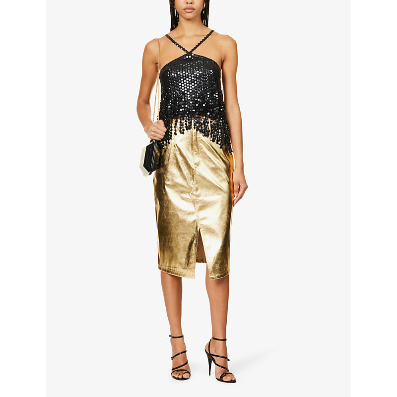 Shop Amy Lynn Lupe Front-slit Faux-leather Midi In Light Gold