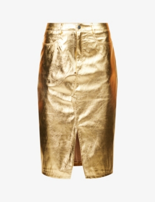 Amy Lynn Lupe Front-slit Faux-leather Midi Skirt In Gold