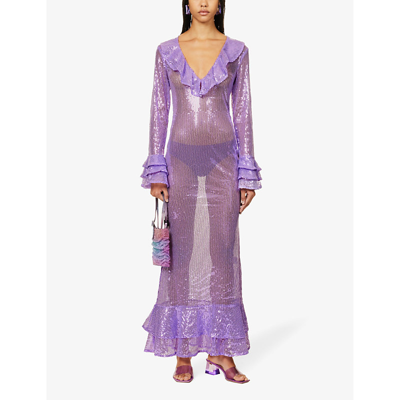 Shop Amy Lynn Semi-sheer Rhinestone-embellished Woven Maxi Dress In Purple