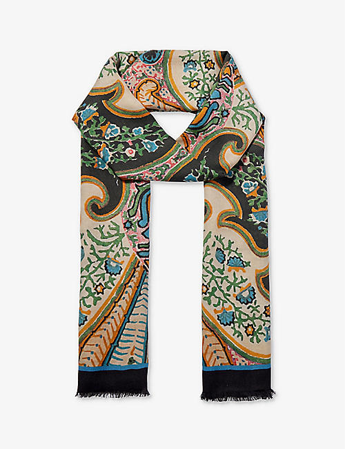 ETRO: Paisley-pattern tasselled-trim cashmere and silk-blend scarf
