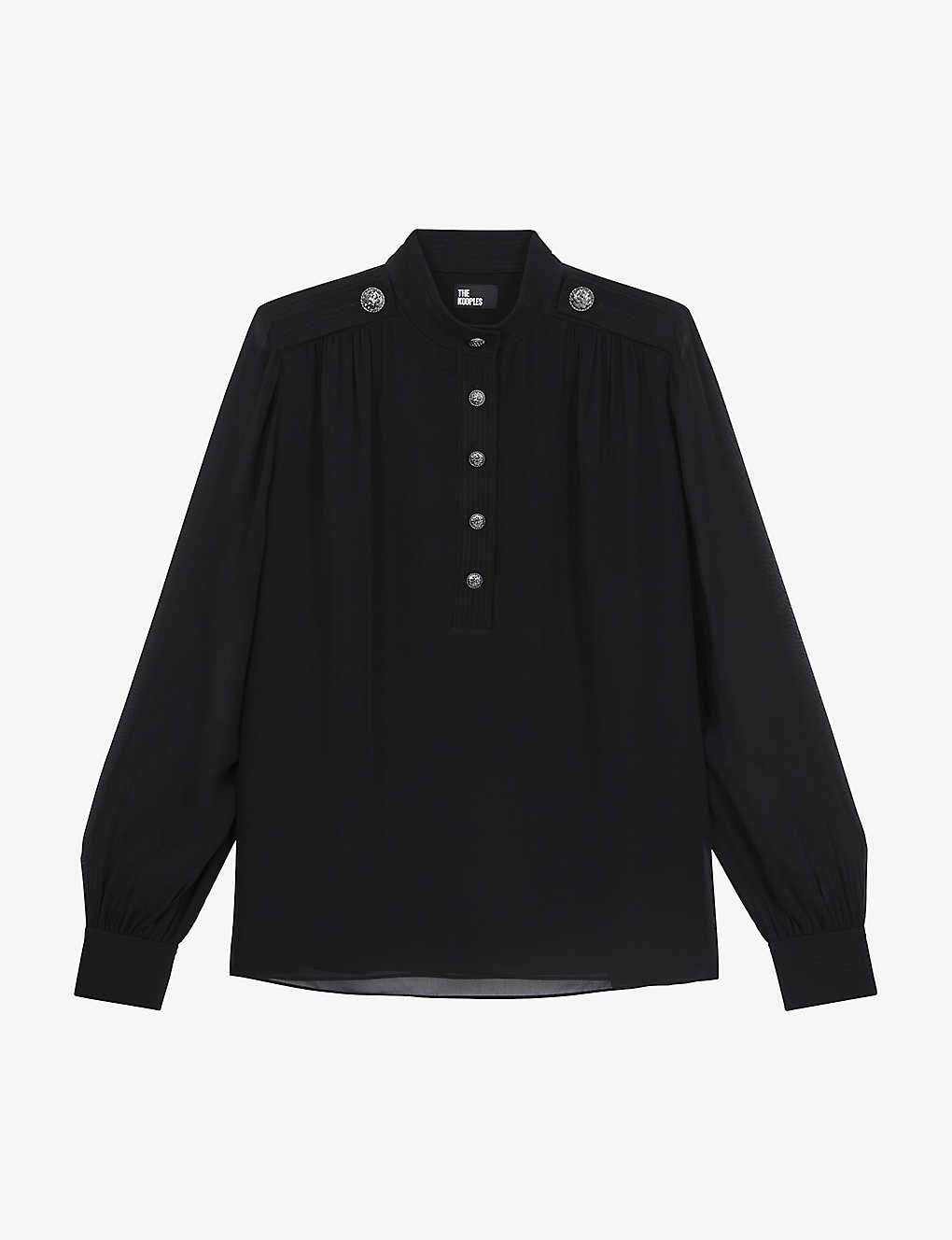 The Kooples Womens Black Sheer-sleeve Button-embellished Woven Blouse