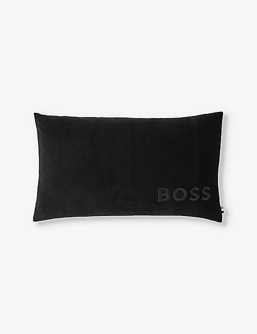 BOSS: Bold logo-embroidered velvet cotton-blend cushion cover 33cm x 57cm