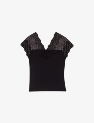 Shop Maje Women's Noir / Gris Liliona Lace-panel Stretch-woven Top