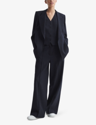 Shop Reiss Women's Navy Willow Wide-leg Pinstripe Crepe Trousers