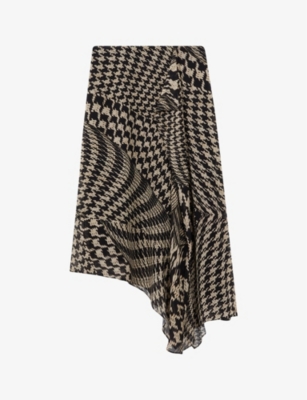 Reiss Black/white Dogtooth Asymmetric Midi Skirt In Black/white