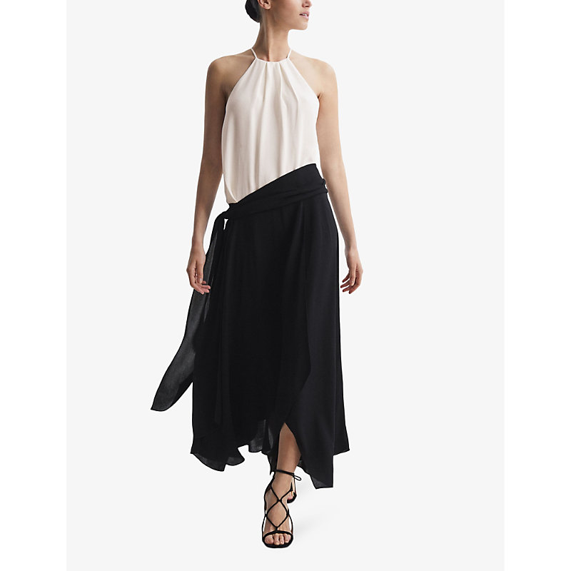 Shop Reiss Women's Cream/black Natalia Asymmetric-hem Woven Midi Dress