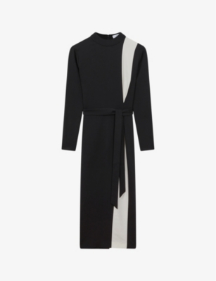 Reiss Millie Contrast-stripe Stretch-woven Midi Dress In Black/white