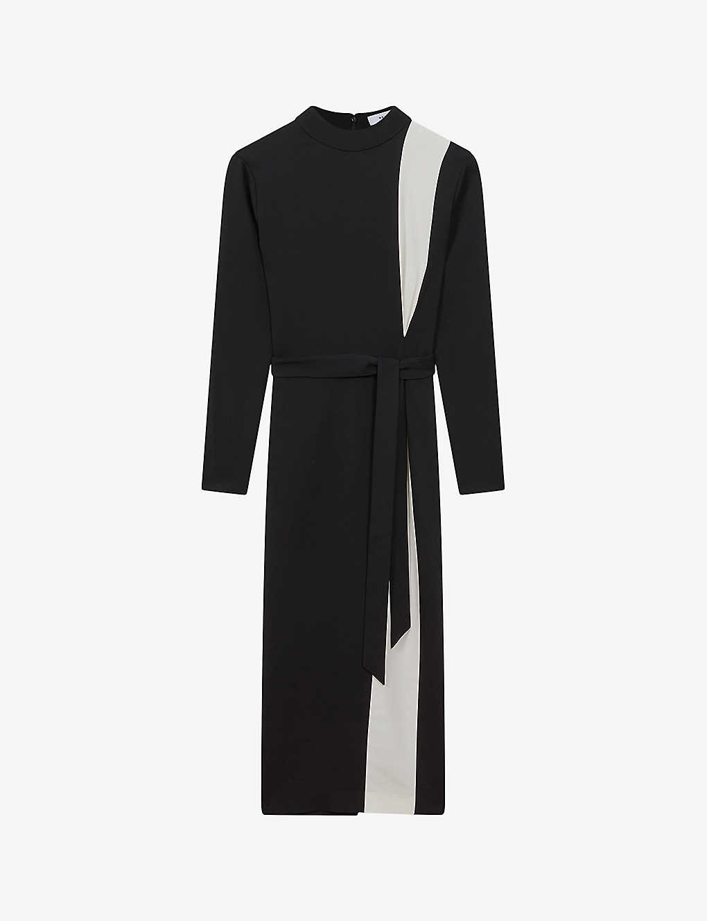 Shop Reiss Women's Black/white Millie Contrast-stripe Stretch-woven Midi Dress