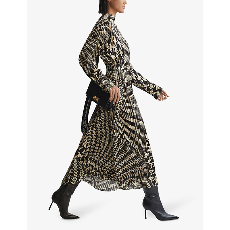 Shop Reiss Women's Black/white Kate Houndstooth-print Woven Midi Dress In Multi-coloured