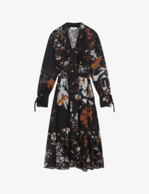 REISS: Charlotte floral-print belted-waist woven midi dress