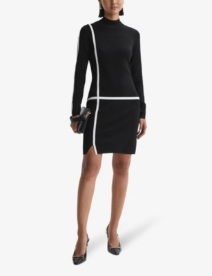 Shop Reiss Women's Black/ivory Annie Contrast-stripe Wool-blend Mini Dress
