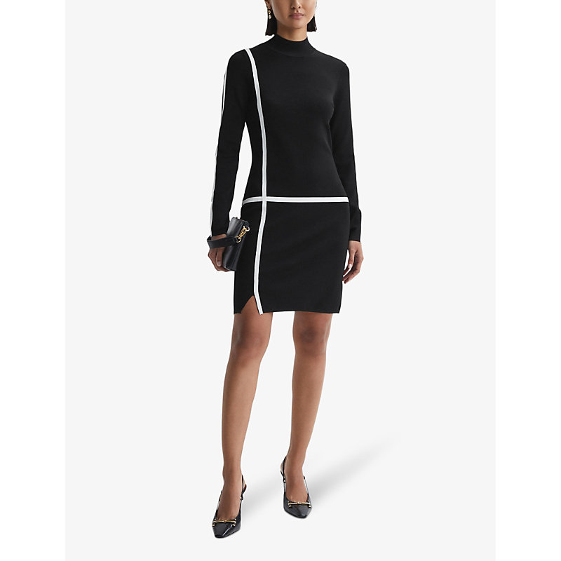 Shop Reiss Women's Black/ivory Annie Contrast-stripe Wool-blend Mini Dress