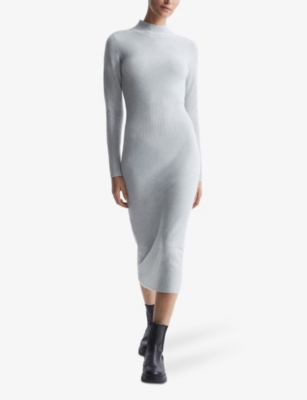 Shop Reiss Mara Ribbed Stretch-knit Midi Dress In Grey
