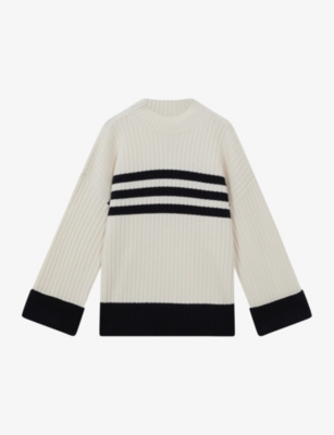 Reiss Cream/navy Ribbed Wool Funnel Neck Jumper In Cream