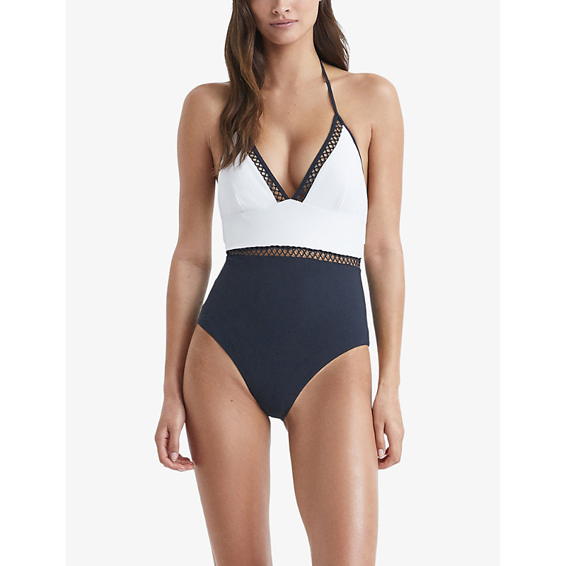 Shop Reiss Womens Navy Ray Colourblock Stretch-jersey Swimsuit
