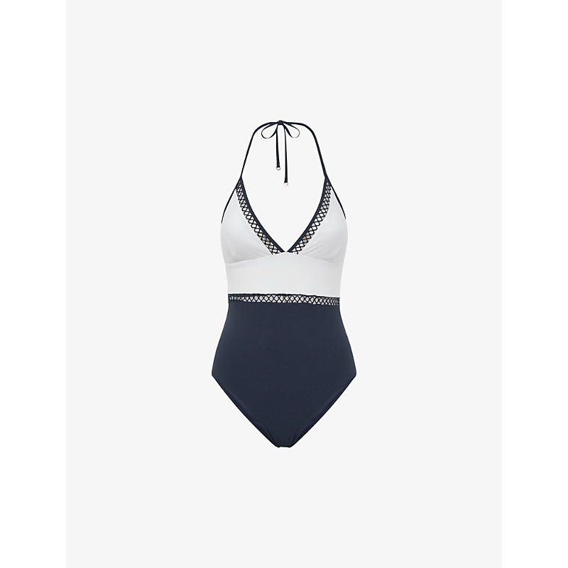Shop Reiss Womens Navy Ray Colourblock Stretch-jersey Swimsuit