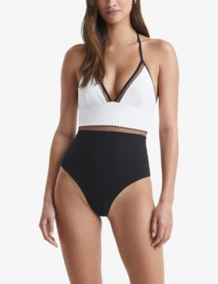 Shop Reiss Women's White/tan Ray Colourblock Stretch-jersey Swimsuit