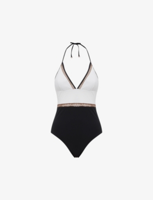 Reiss Ray Colourblock Stretch-jersey Swimsuit In White/tan