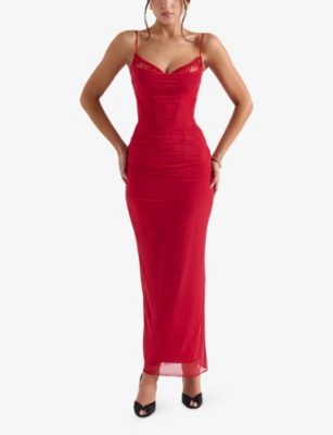 Shop House Of Cb Of Cb Womens Haute Red Nalini Lace-trim Corseted Stretch-woven Maxi Dress Xs