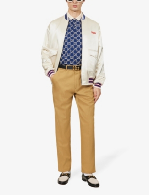 GUCCI: Striped-collar monogram-embroidered regular-fit stretch-cotton piqué polo shirt