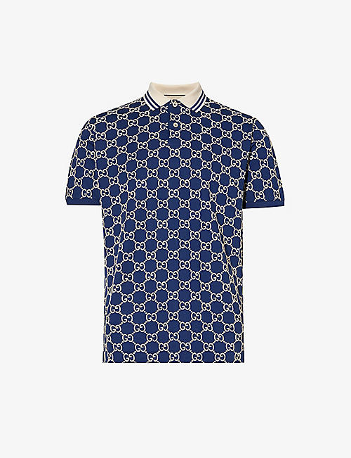 GUCCI: Striped-collar monogram-embroidered regular-fit stretch-cotton piqué polo shirt
