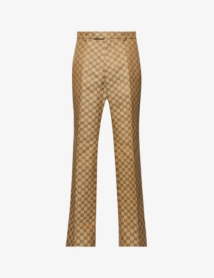 GUCCI GUCCI MEN'S CAMEL EBONY ARIA LOGO-PRINT STRAIGHT-LEG HIGH-RISE LINEN-BLEND TROUSERS