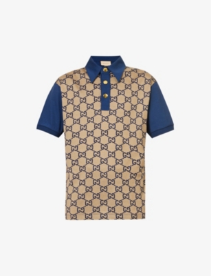 Shop Gucci Men's Beige Blue Monogram Contrast-trim Silk And Cotton-blend Polo Shirt