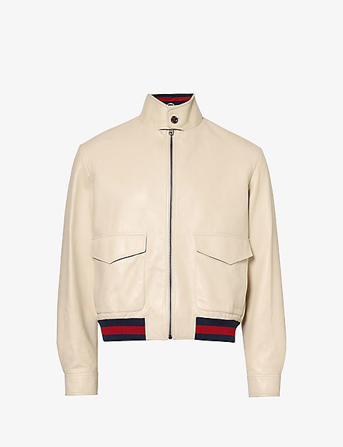 GUCCI: Stand-collar striped-hem leather jacket