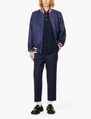 Gucci Cotton Piquet Polo With Web Collar In Navy Multicolor