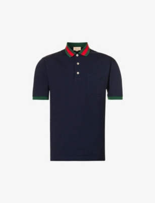 Shop Gucci Mens Navy Multicolor Striped-collar Regular-fit Stretch-cotton Piqué Polo Shirt In Multi-coloured