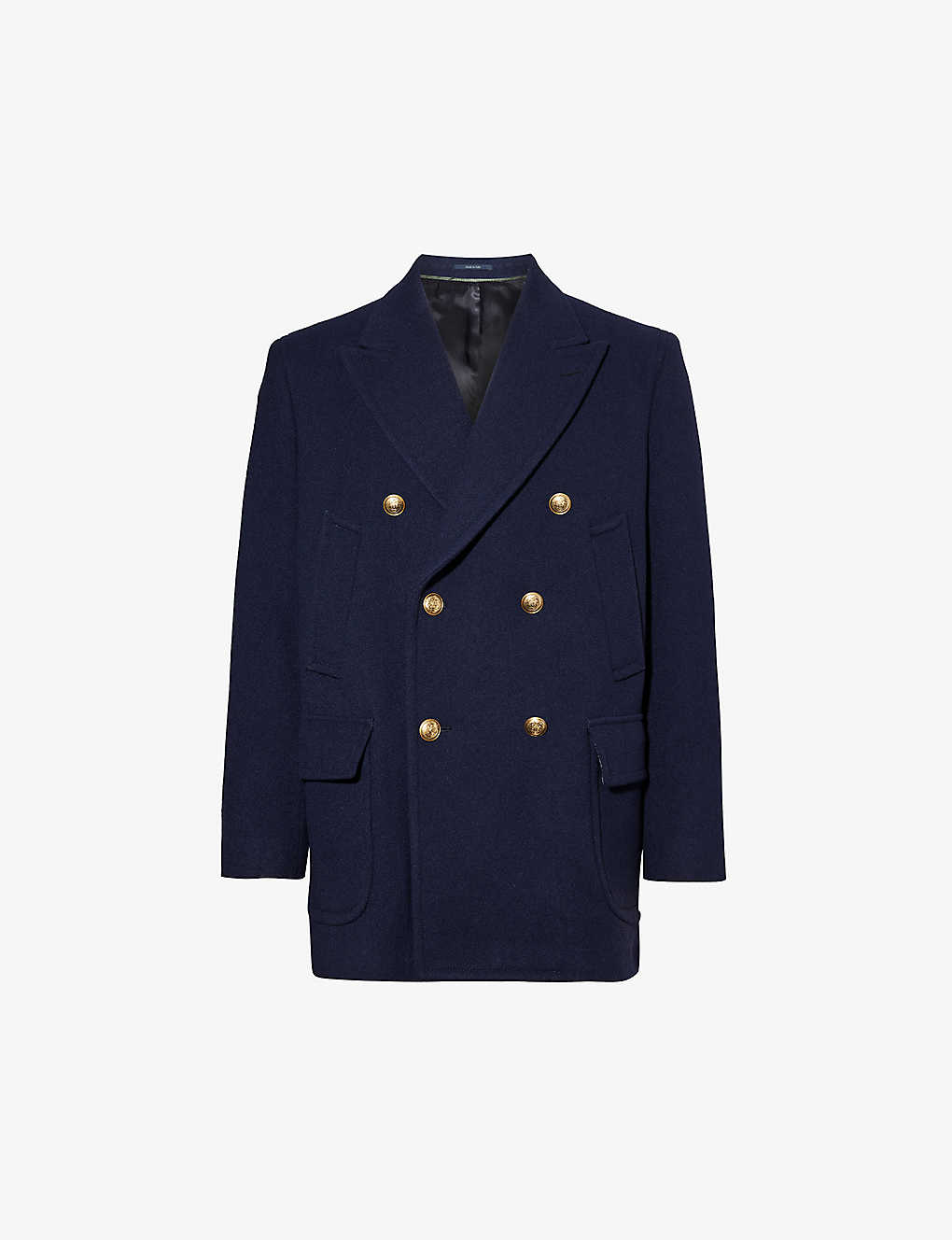 Shop Gucci Mens Navy Blue Double-breasted Padded-shoulders Wool Coat In Bracknell