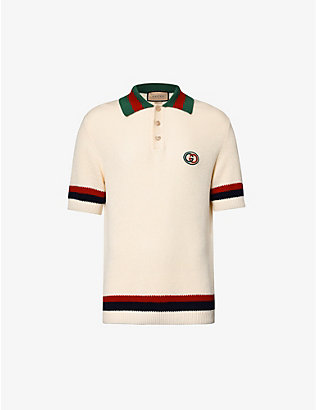 GUCCI: Logo-embroidered striped cotton-knit polo shirt