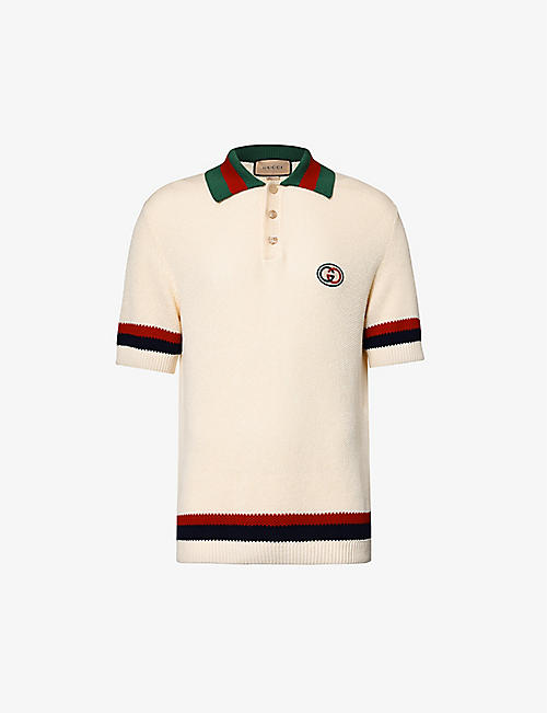 GUCCI: Logo-embroidered striped cotton-knit polo shirt