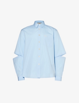 GUCCI GUCCI MEN'S SKY BLUE MIX PATCH-POCKET BRAND-EMBROIDERED RELAXED-FIT COTTON SHIRT