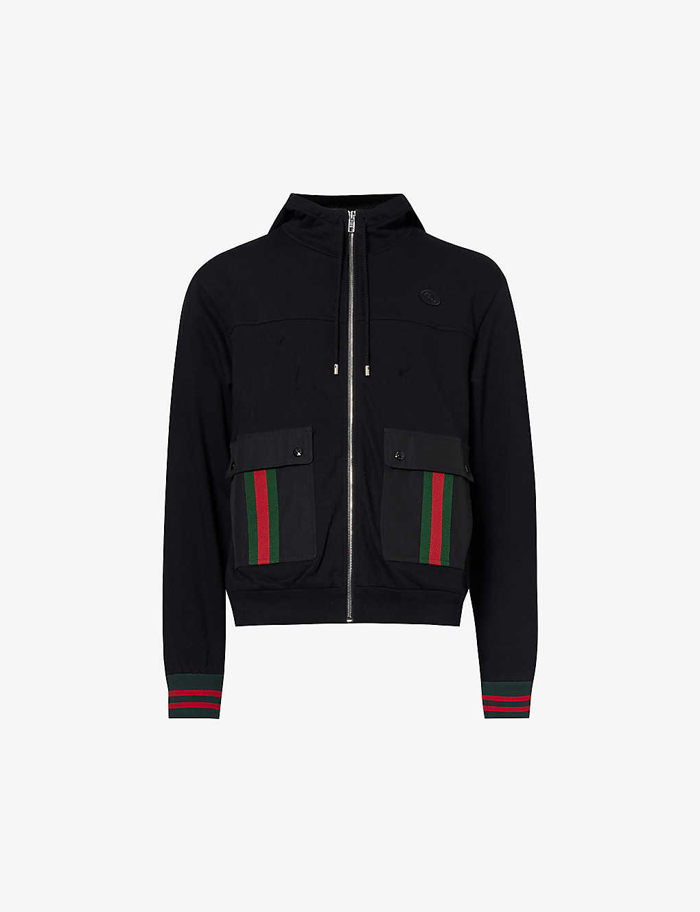 Gucci Mens Black Mix Brand-embroidered Striped-trim Regular-fit Cotton Hoody