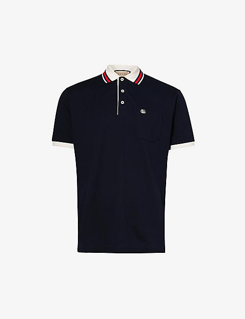 GUCCI: Stripe-collar short-sleeve stretch-cotton piqué polo shirt
