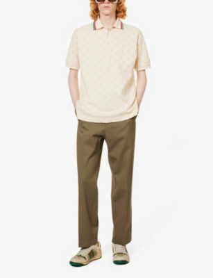 Shop Gucci Men's Bone Mix Monogram-embroidered Stretch-cotton Piqué Polo Shirt In Cream