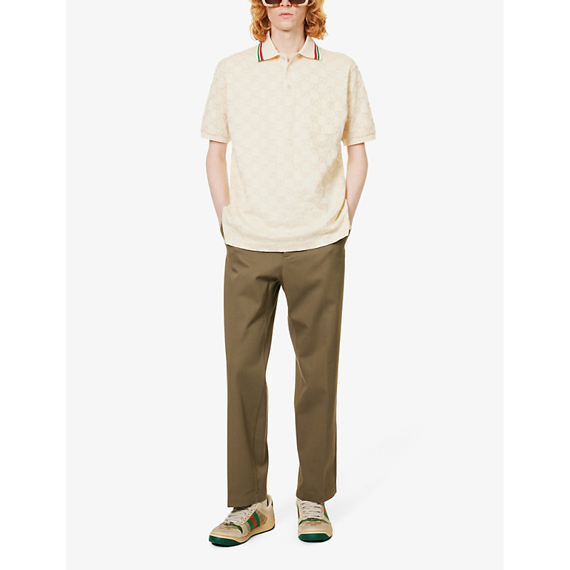 Shop Gucci Men's Bone Mix Monogram-embroidered Stretch-cotton Piqué Polo Shirt In Cream
