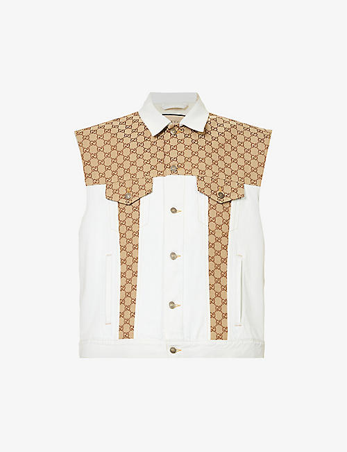 GUCCI: Monogram-pattern spread-collar denim vest