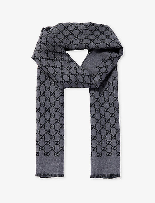 GUCCI: Monogram-pattern fringed-trim wool scarf