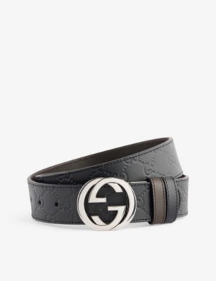 Gucci Men's Nero/cocoa/nero Double G Logo-embossed Leather Belt