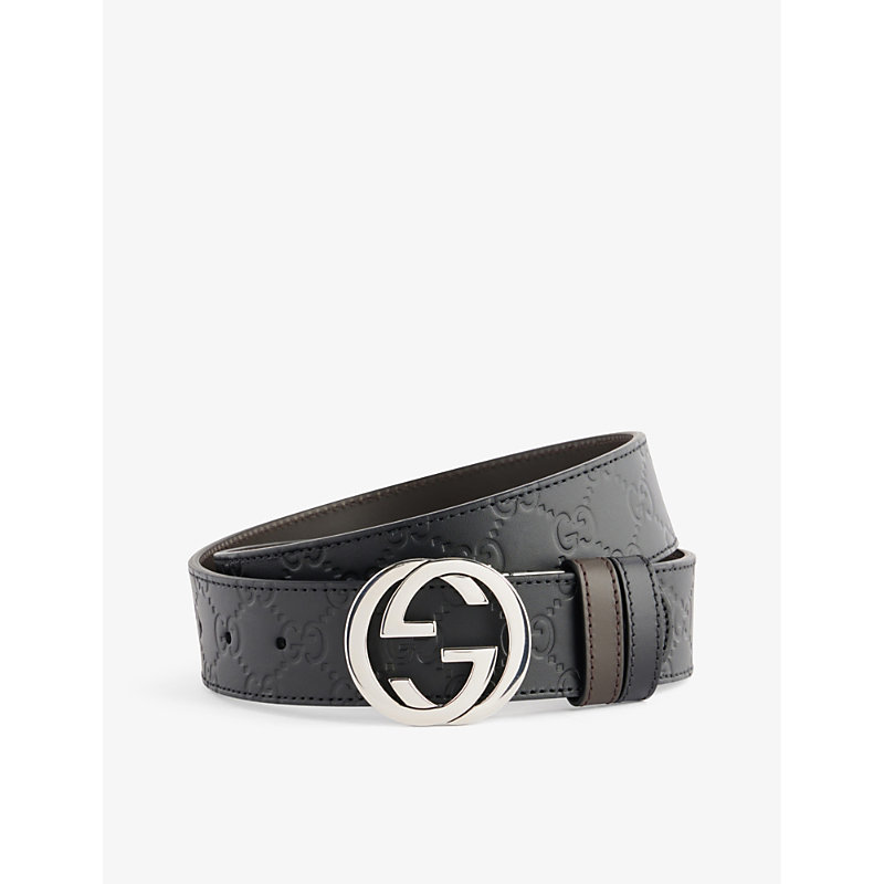 Gucci Men's Nero/cocoa/nero Double G Logo-embossed Leather Belt
